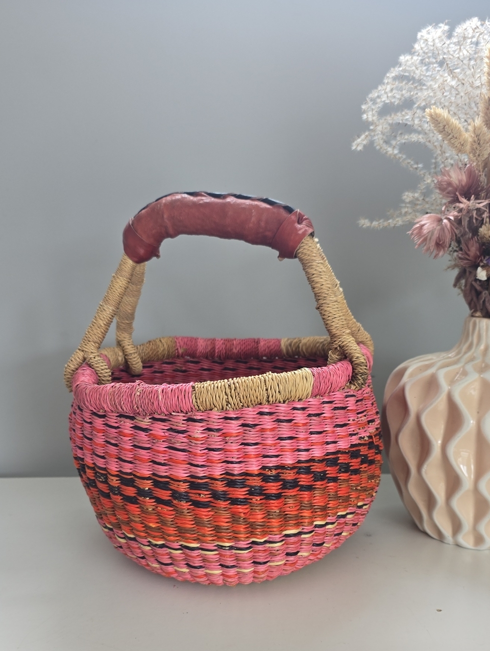 Small Handmade Woven Basket with Leather